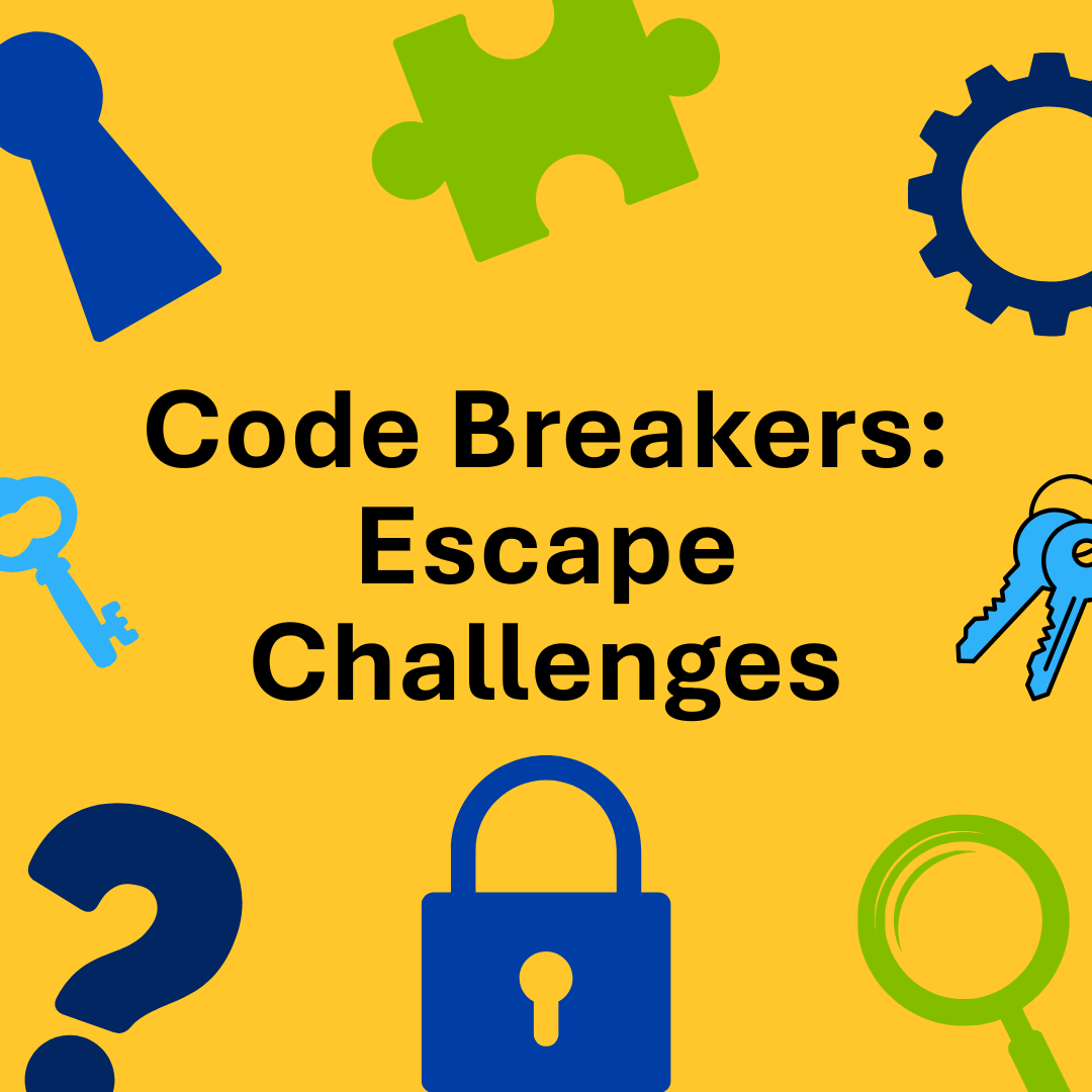 Yellow graphic with icons of keys, lock, puzzle pieces, and magnifying glass around the text "Code Breakers: Escape Challenges."