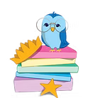 Blue owl sitting on stack of colorful books with crown and star leaning against them.