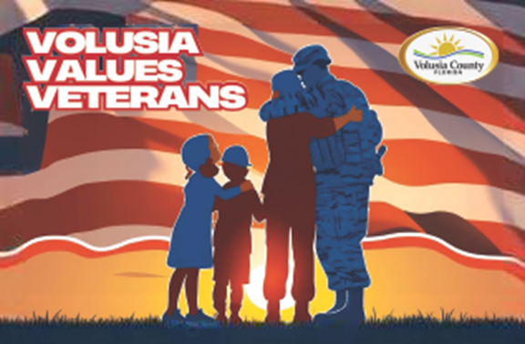 Volusia Values Veterans library card Veteran and family in front of flag background with Volusia County Florida logo