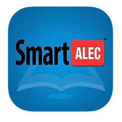 SmartAlec hyperlinked blue background with open book graphic and the word ALEC in white in a red background button