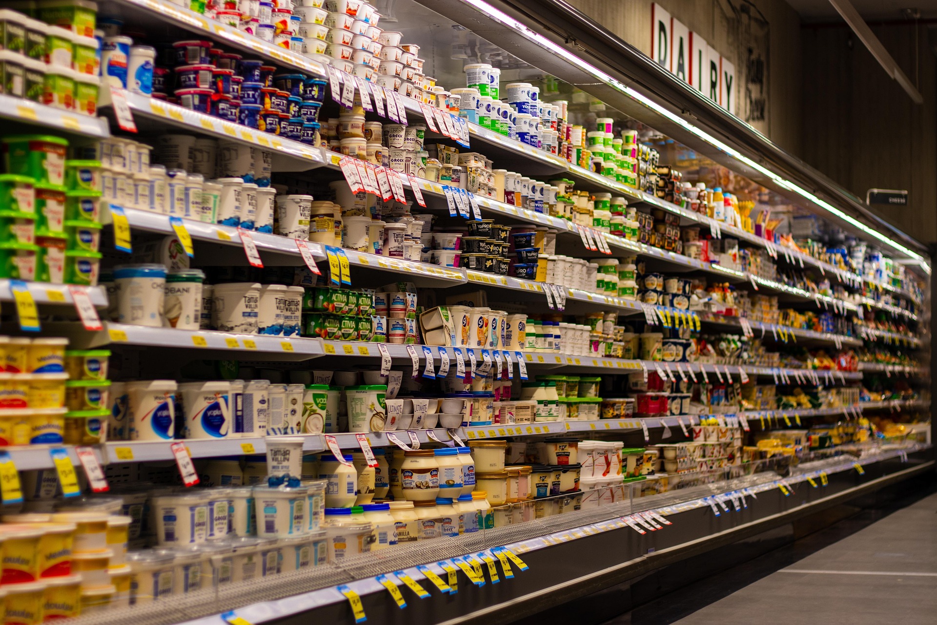 Color photograph of a refrigerated dairy case at a grocery store focusing on yogurts and butter.
