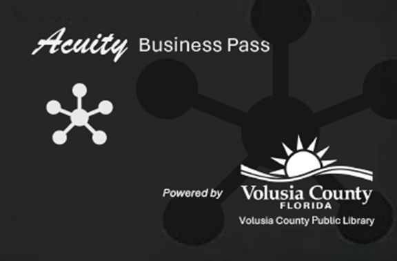 image of acuity business pass with Volusia County Public Library logo