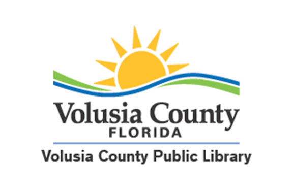 image of classic white library card Volusia County Florida, Volusia County Public Library logo